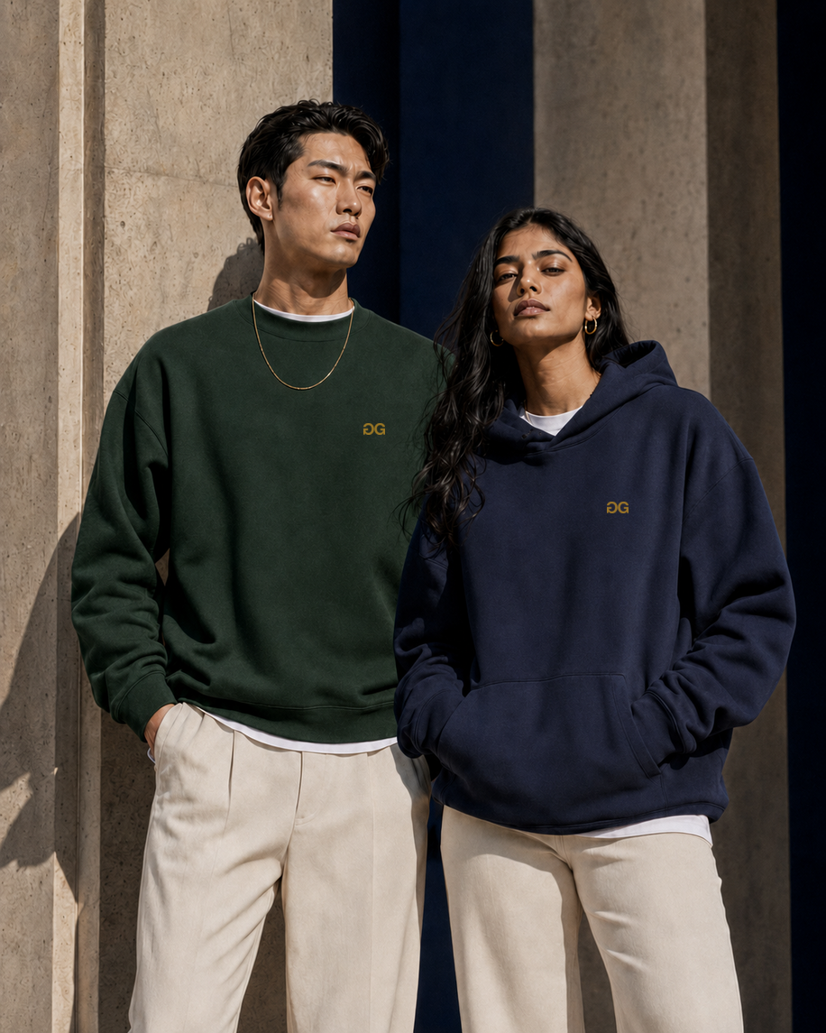 East Asian and South Asian models wearing the forest and navy Drop 001 pieces