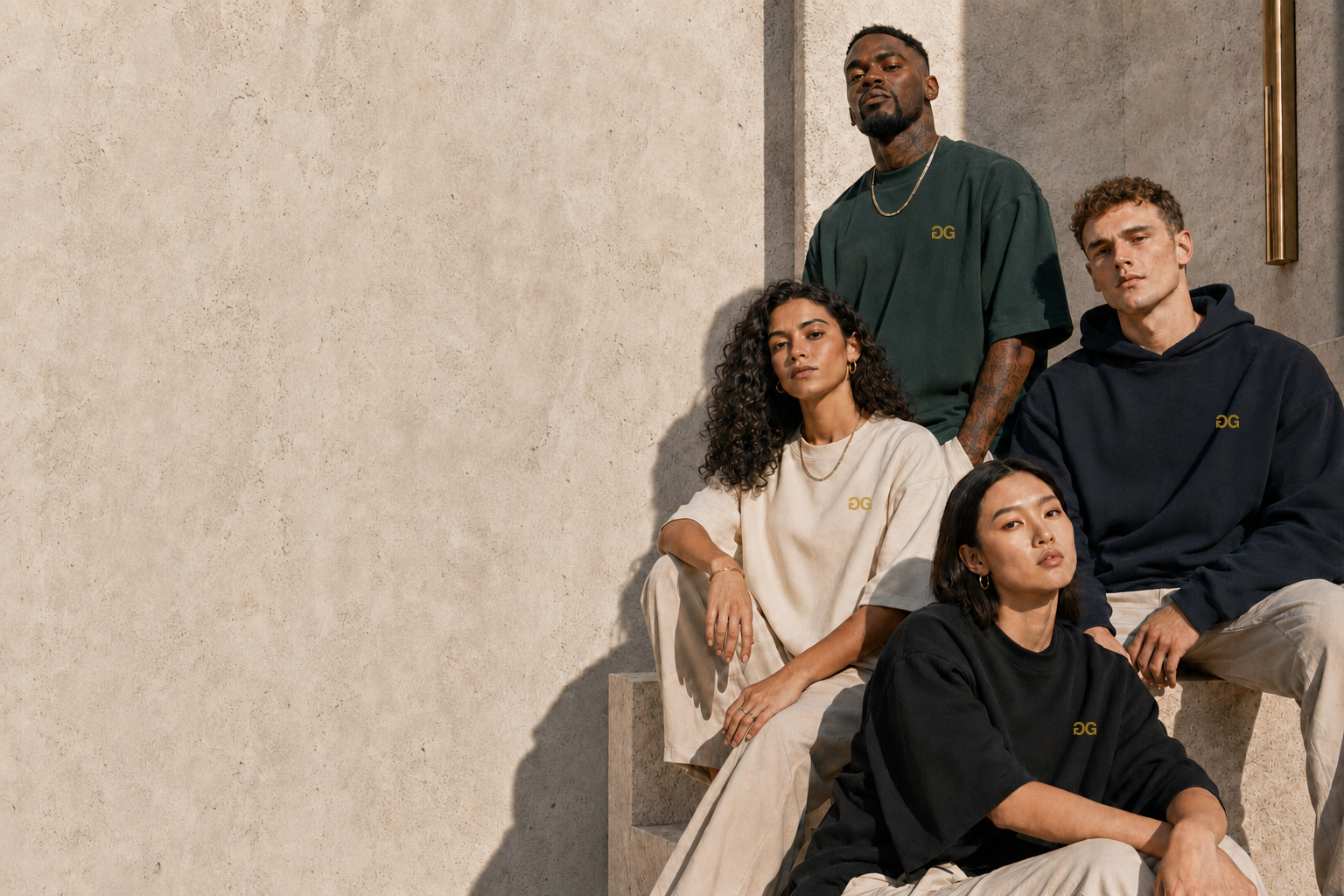 Diverse Campaign 001 cast wearing forest, cream, navy, and black Drop 001 pieces